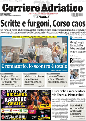Prima pagina Corriere Adriatico (Ancona) di oggi - Quotidiano regionale