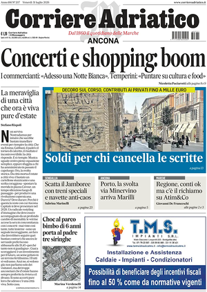 Prima pagina Corriere Adriatico (Ancona) di oggi - Quotidiano regionale