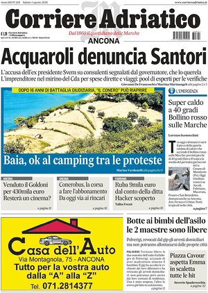 Prima pagina Corriere Adriatico (Ancona) di oggi - Quotidiano regionale