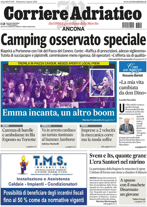 Prima pagina Corriere Adriatico (Ancona) di oggi - Quotidiano regionale