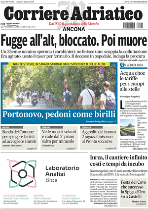 Prima pagina Corriere Adriatico (Ancona) di oggi - Quotidiano regionale