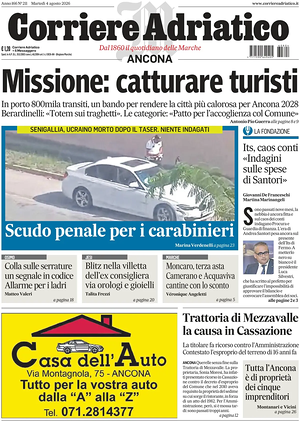 Prima pagina Corriere Adriatico (Ancona) di oggi - Quotidiano regionale