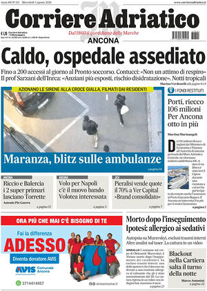 Prima pagina Corriere Adriatico (Ancona) di oggi - Quotidiano regionale