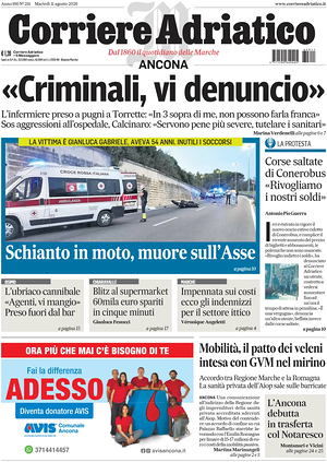 Prima pagina Corriere Adriatico (Ancona) di oggi - Quotidiano regionale