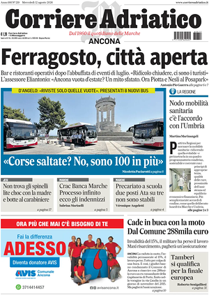 Prima pagina Corriere Adriatico (Ancona) di oggi - Quotidiano regionale