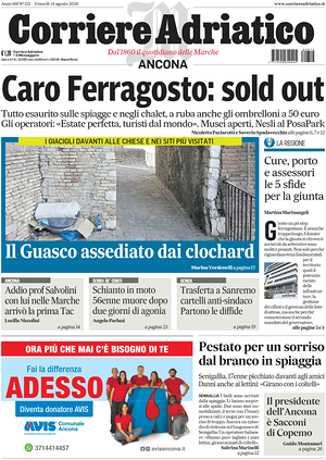 Prima pagina Corriere Adriatico (Ancona) di oggi - Quotidiano regionale