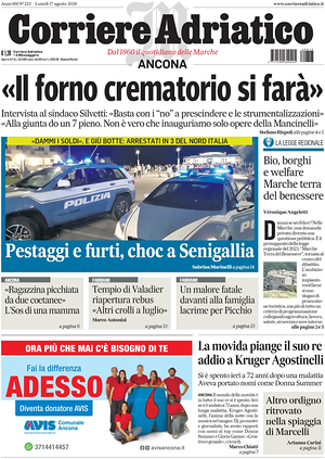 Prima pagina Corriere Adriatico (Ancona) di oggi - Quotidiano regionale