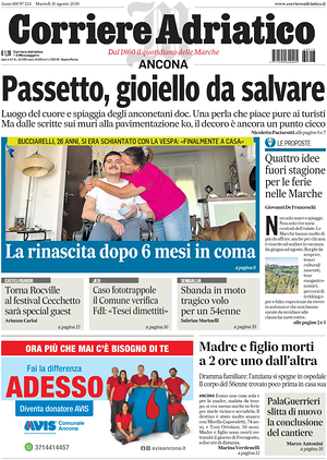 Prima pagina Corriere Adriatico (Ancona) di oggi - Quotidiano regionale