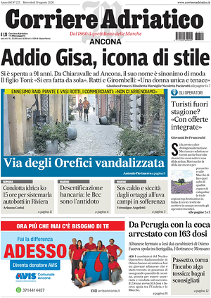 Prima pagina Corriere Adriatico (Ancona) di oggi - Quotidiano regionale