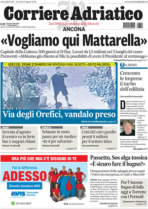 Prima pagina Corriere Adriatico (Ancona) di oggi - Quotidiano regionale