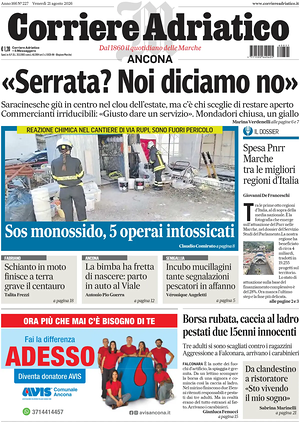 Prima pagina Corriere Adriatico (Ancona) di oggi - Quotidiano regionale