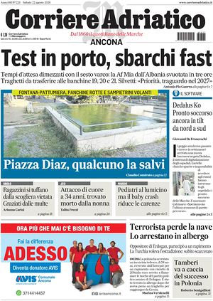 Prima pagina Corriere Adriatico (Ancona) di oggi - Quotidiano regionale