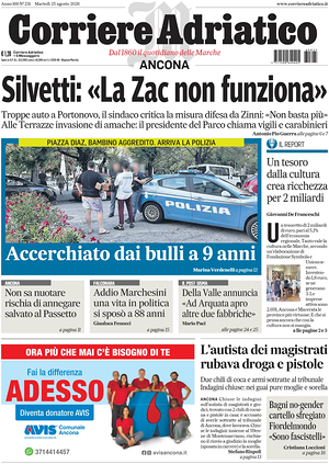 Prima pagina Corriere Adriatico (Ancona) di oggi - Quotidiano regionale