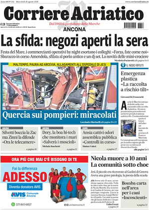 Prima pagina Corriere Adriatico (Ancona) di oggi - Quotidiano regionale