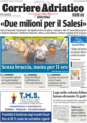 Prima pagina Corriere Adriatico (Ancona) di oggi - Quotidiano regionale
