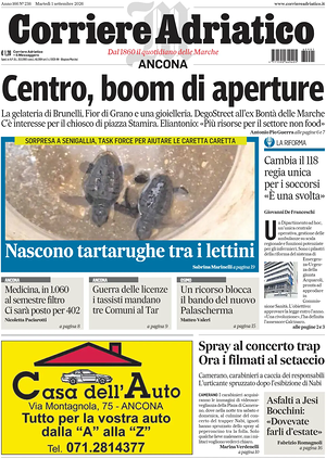 Prima pagina Corriere Adriatico (Ancona) di oggi - Quotidiano regionale