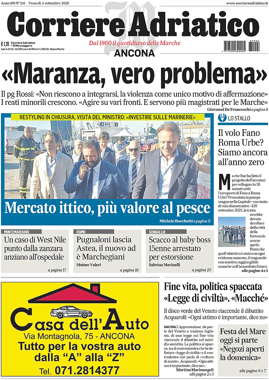 Prima pagina Corriere Adriatico (Ancona) di oggi - Edicola 4 Settembre 2026