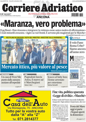 Prima pagina Corriere Adriatico (Ancona) di oggi - Quotidiano regionale