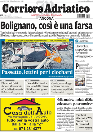 Prima pagina Corriere Adriatico (Ancona) di oggi - Quotidiano regionale
