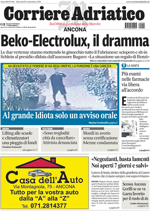 Prima pagina Corriere Adriatico (Ancona) di oggi - Quotidiano regionale