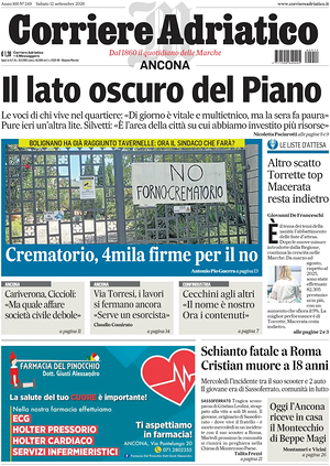 Prima pagina Corriere Adriatico (Ancona) di oggi - Quotidiano regionale
