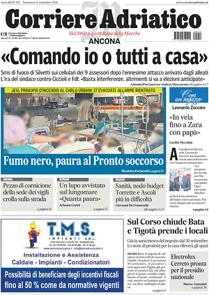 Prima pagina Corriere Adriatico (Ancona) di oggi - Quotidiano regionale