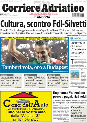 Prima pagina Corriere Adriatico (Ancona) di oggi - Quotidiano regionale