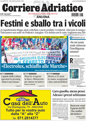 Prima pagina Corriere Adriatico (Ancona) di oggi - Quotidiano regionale