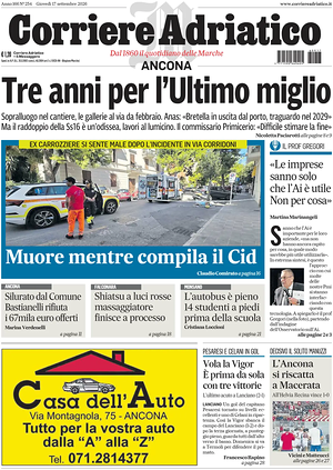 Prima pagina Corriere Adriatico (Ancona) di oggi - Quotidiano regionale