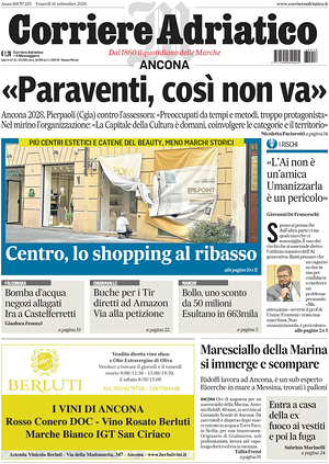 Prima pagina Corriere Adriatico (Ancona) di oggi - Quotidiano regionale