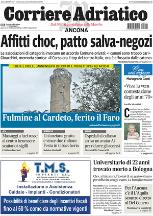 Prima pagina Corriere Adriatico (Ancona) di oggi - Quotidiano regionale