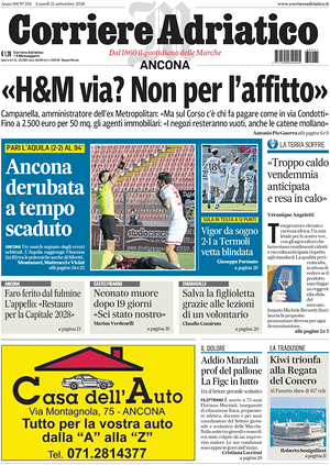 Prima pagina Corriere Adriatico (Ancona) di oggi - Quotidiano regionale