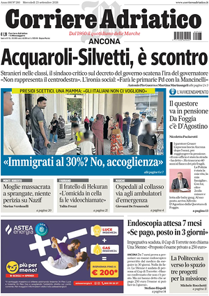 Prima pagina Corriere Adriatico (Ancona) di oggi - Quotidiano regionale