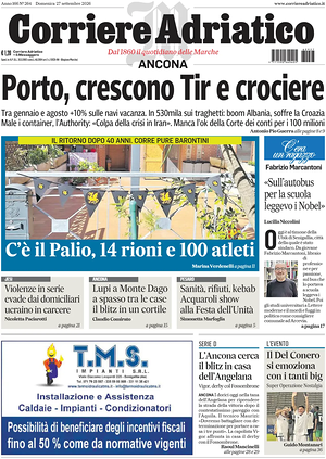 Prima pagina Corriere Adriatico (Ancona) di oggi - Quotidiano regionale