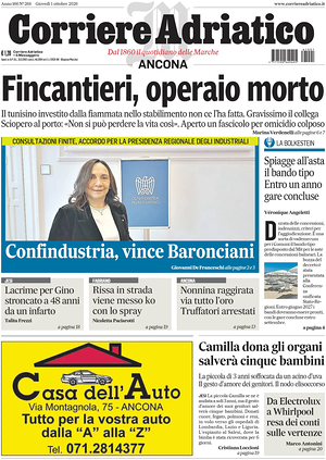 Prima pagina Corriere Adriatico (Ancona) di oggi - Quotidiano regionale
