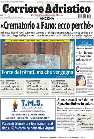 Prima pagina Corriere Adriatico (Ancona) di oggi - Quotidiano regionale