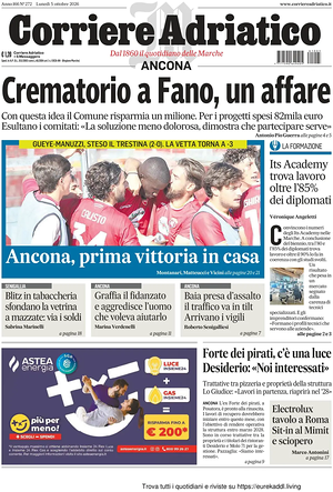 Prima pagina Corriere Adriatico (Ancona) di oggi - Quotidiano regionale
