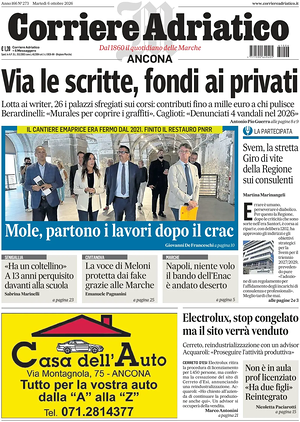 Prima pagina Corriere Adriatico (Ancona) di oggi - Quotidiano regionale