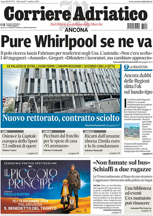 Prima pagina Corriere Adriatico (Ancona) di oggi - Quotidiano regionale