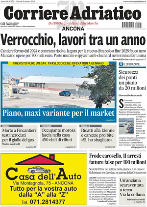 Prima pagina Corriere Adriatico (Ancona) di oggi - Quotidiano regionale