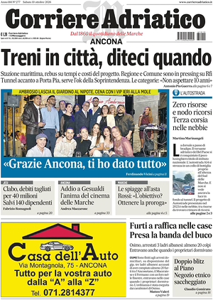 Prima pagina Corriere Adriatico (Ancona) di oggi - Quotidiano regionale