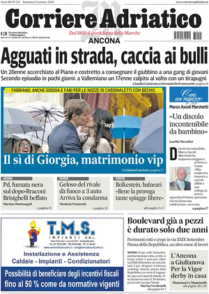 Prima pagina Corriere Adriatico (Ancona) di oggi - Quotidiano regionale