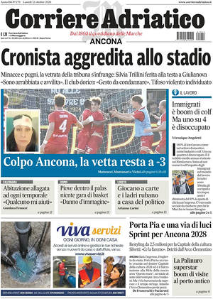 Prima pagina Corriere Adriatico (Ancona) di oggi - Quotidiano regionale