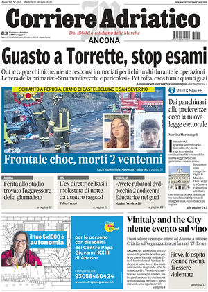 Prima pagina Corriere Adriatico (Ancona) di oggi - Quotidiano regionale