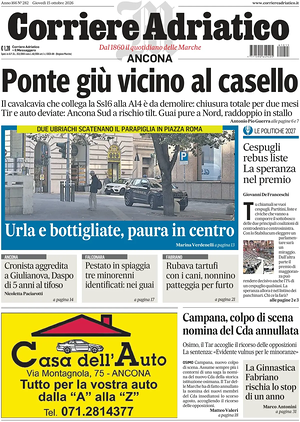 Prima pagina Corriere Adriatico (Ancona) di oggi - Quotidiano regionale