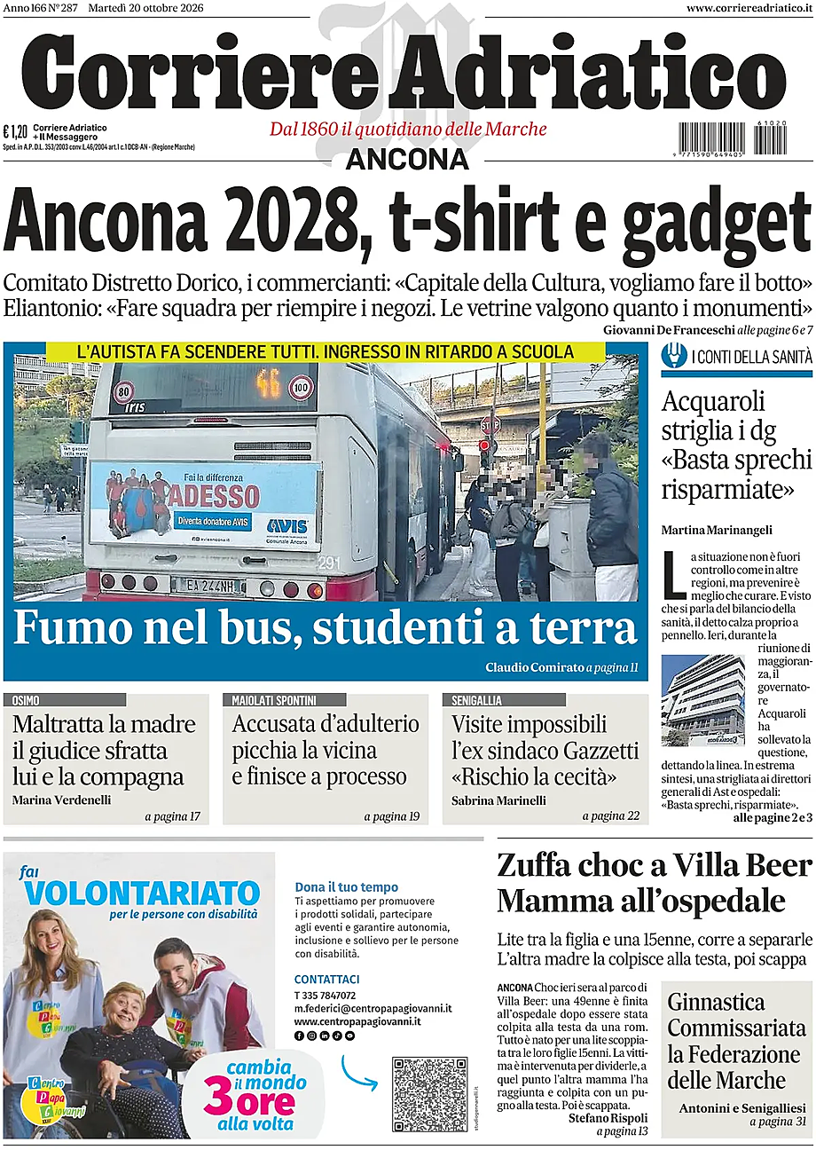 Prima pagina Corriere Adriatico (Ancona) di oggi - Edicola 20 Ottobre 2026