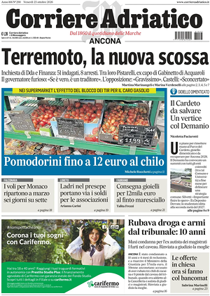 Prima pagina Corriere Adriatico (Ancona) di oggi - Quotidiano regionale
