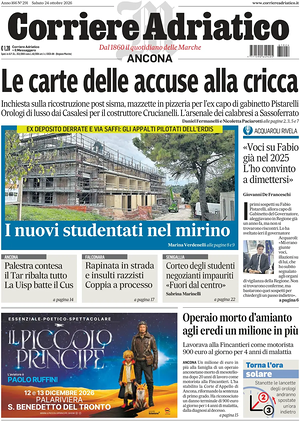 Prima pagina Corriere Adriatico (Ancona) di oggi - Quotidiano regionale