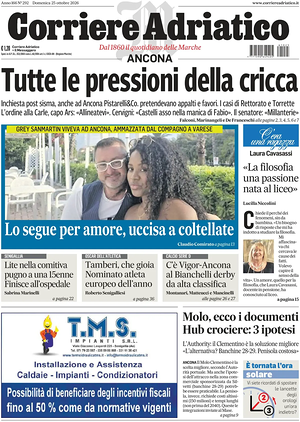 Prima pagina Corriere Adriatico (Ancona) di oggi - Quotidiano regionale