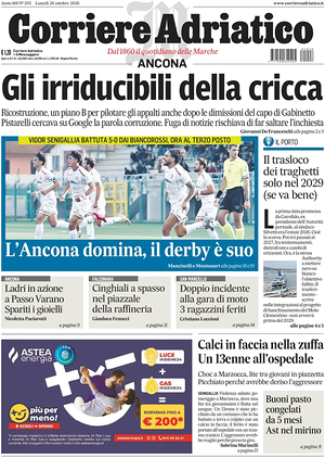 Prima pagina Corriere Adriatico (Ancona) di oggi - Quotidiano regionale